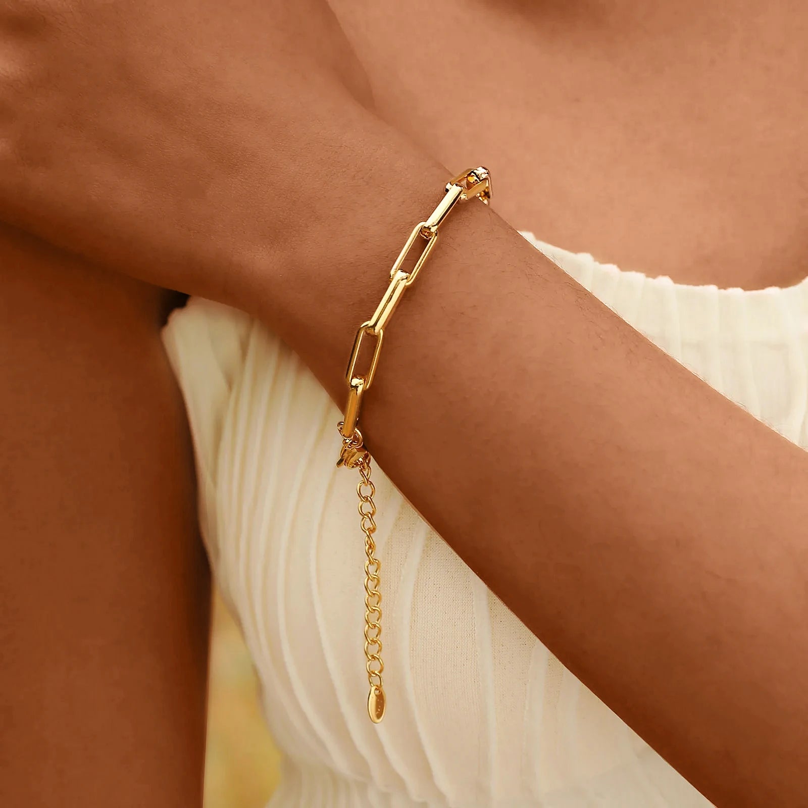 6mm Paperclip Chain Bracelet 18k Gold Plated Stainless Steel Link Adjustable Stackable Jewelry for Women Girls Gift