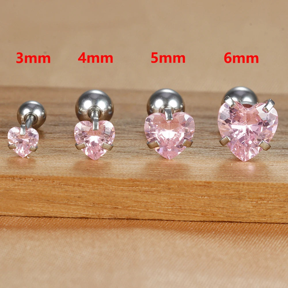 1PC Simple Pink Cubic Zirconia Heart Small Stud Earrings Steel