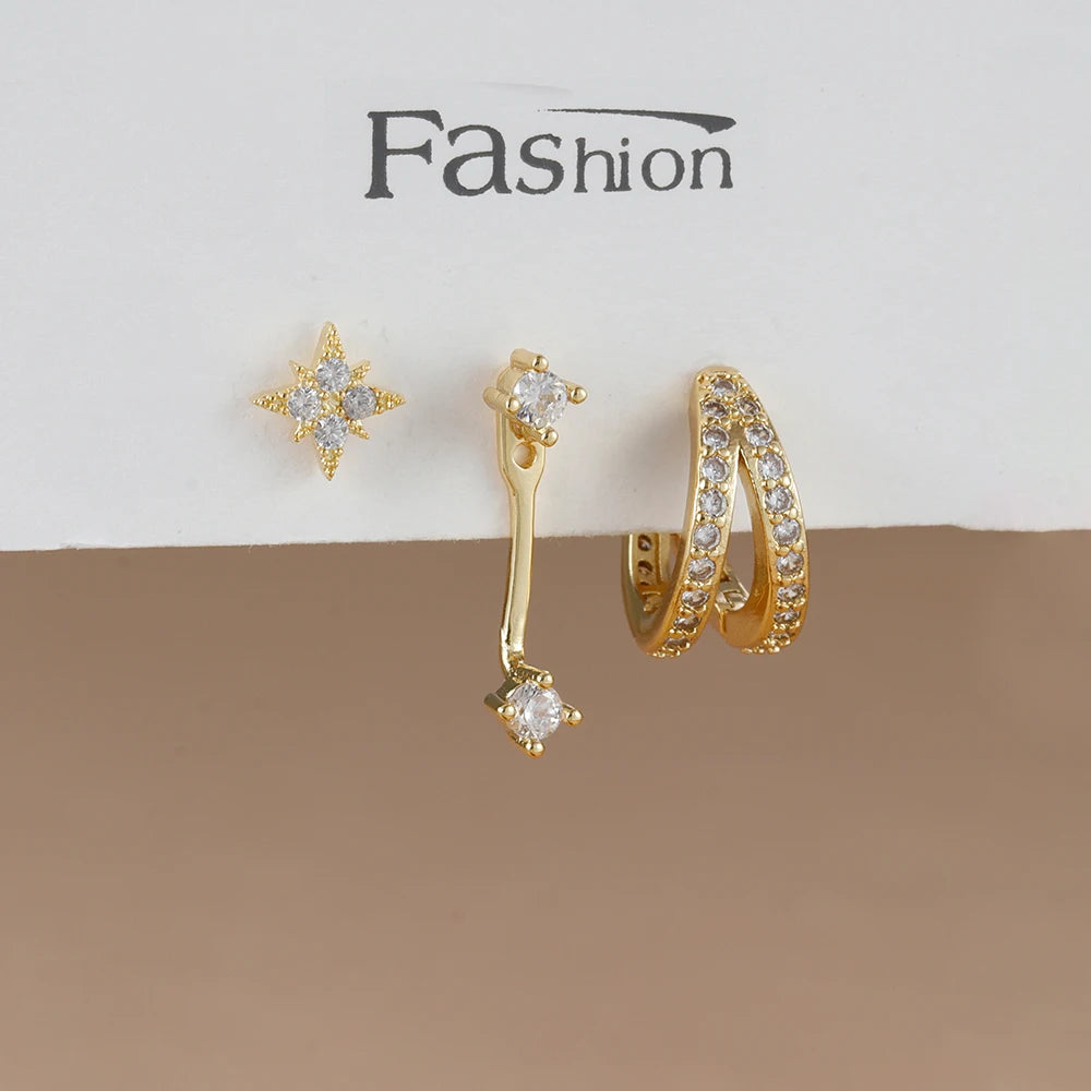 3PCS Trendy Double-layer Circle Cubic Zircon Star Hanging Earrings