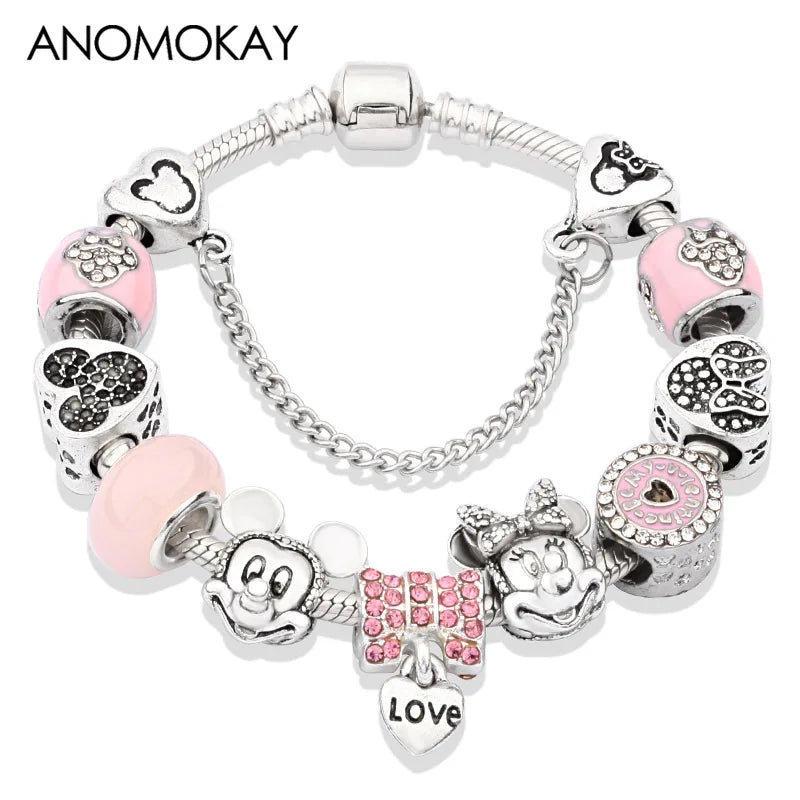 Antique Silver Castle Heart Minnie Mickey Charm Bracelet Pink Crystal Gift