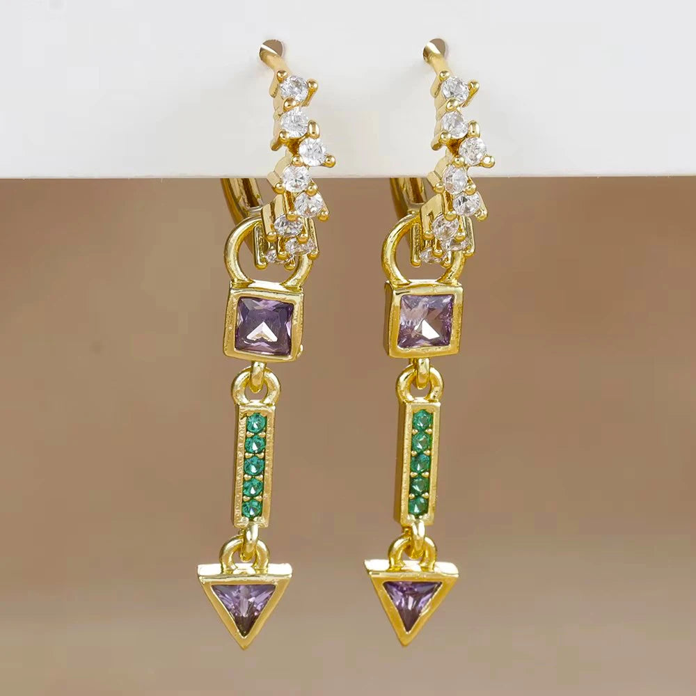 2PCS Stainless Steel Multicolor Zircon Geometry Drop Earrings