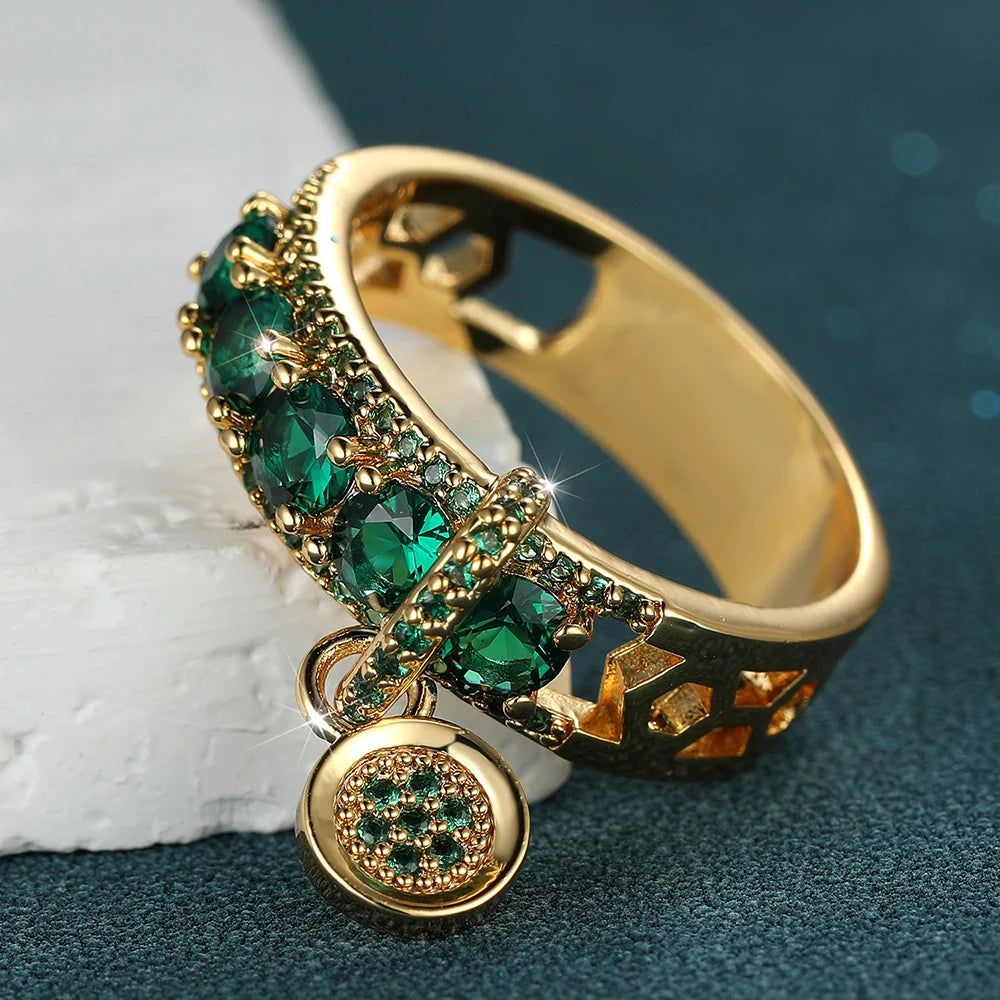 Antique Green Stone Dangle Pendant Ring Gold Color Zircon Round Rings For Women Dainty Wedding Bands Valentine Day Jewelry Gifts