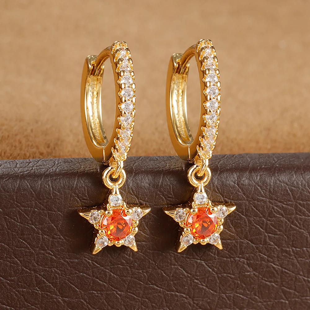 Luxury Crystal Zirconia Star Hoop Earrings Gold Plated Geometric