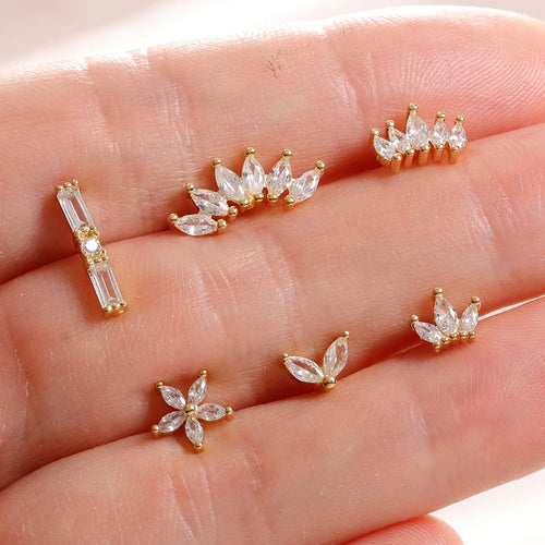 6 Pieces Flower Crown Stainless Steel Zircon Small Stud Earrings