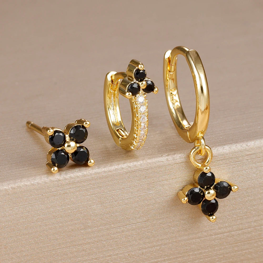 3PCS Gold Plated Chain Zircon Hanging Earrings Stainless Steel Flower