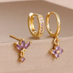 3PCS Fashion Orange Blue Zircon Hanging Earrings Stainless Steel Flower