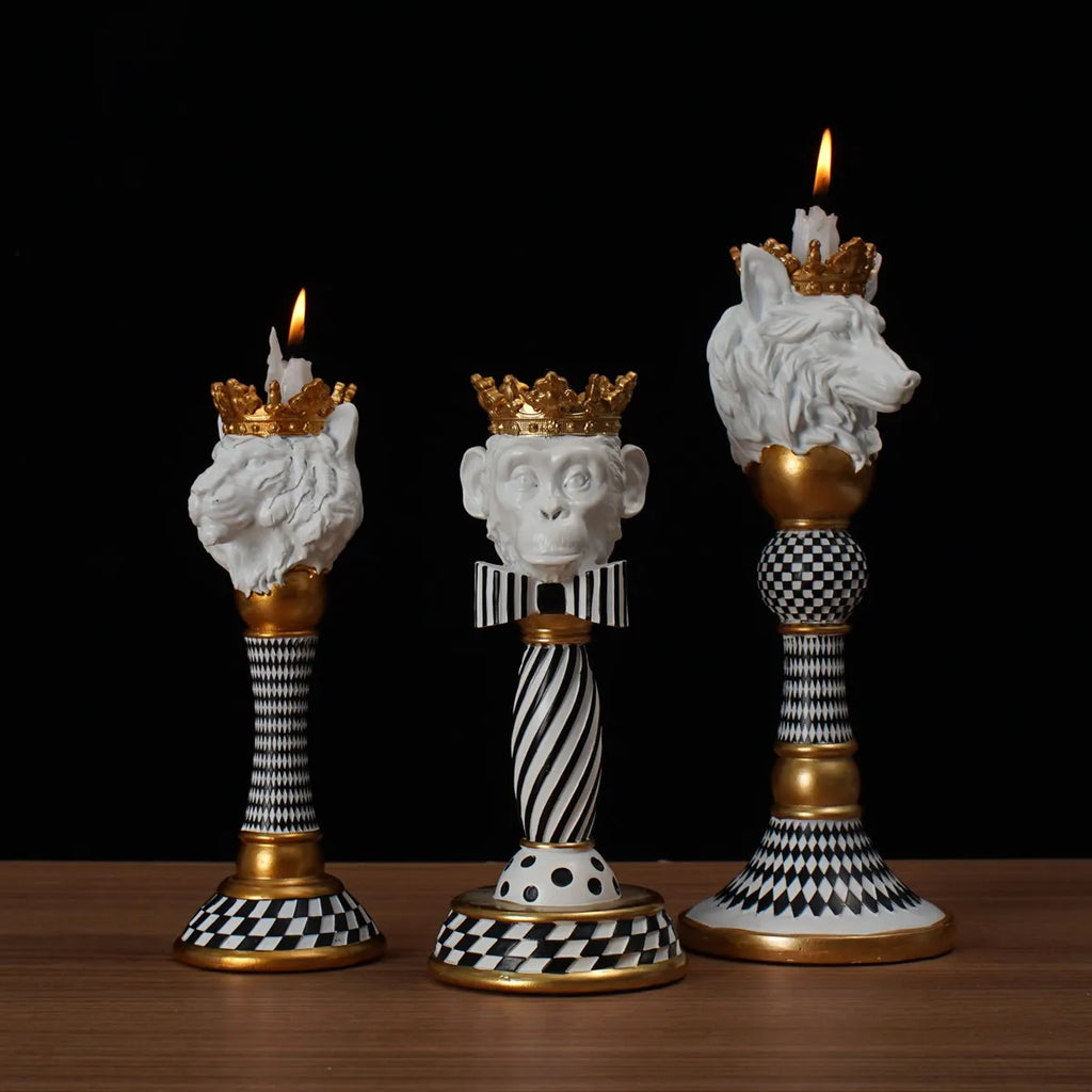 Animal Head Candlestick Resin Holder Horse Eagle Bulldog Monkey Lion Wolf Figurines