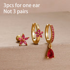3PCS Unique Stainless Steel Earrings Set Rose Red Crystal Zircon