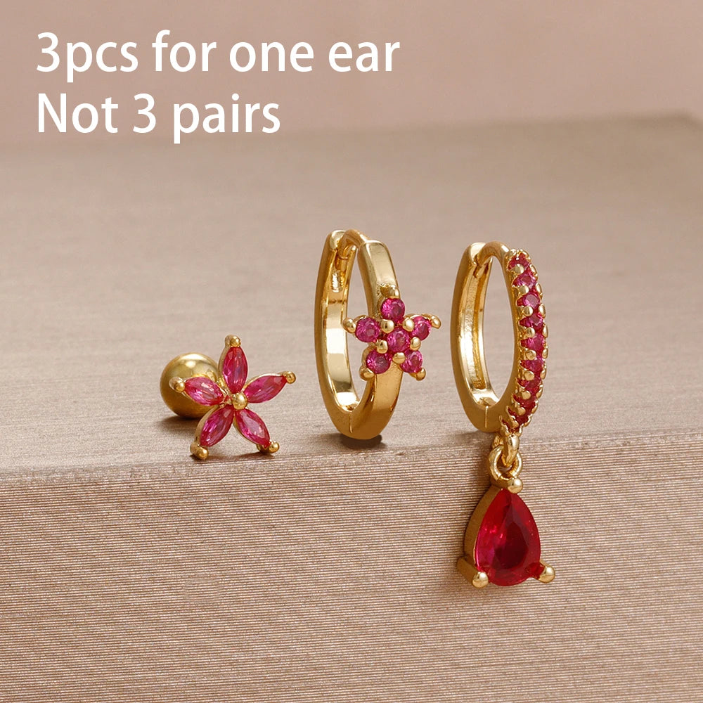 3PCS Unique Stainless Steel Earrings Set Rose Red Crystal Zircon