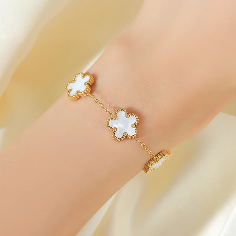White Flower Stainless Steel Bracelet Five-Leaf Clover Wrist Jewellery