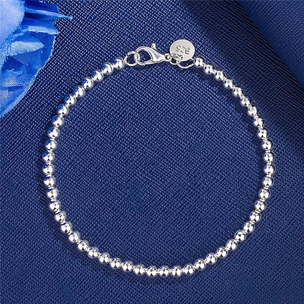 4mm Beads Chain Bracelet 925 Sterling Silver Women Wedding Party Jewellery