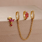 3PCS Unique Stainless Steel Earrings Set Rose Red Crystal Zircon