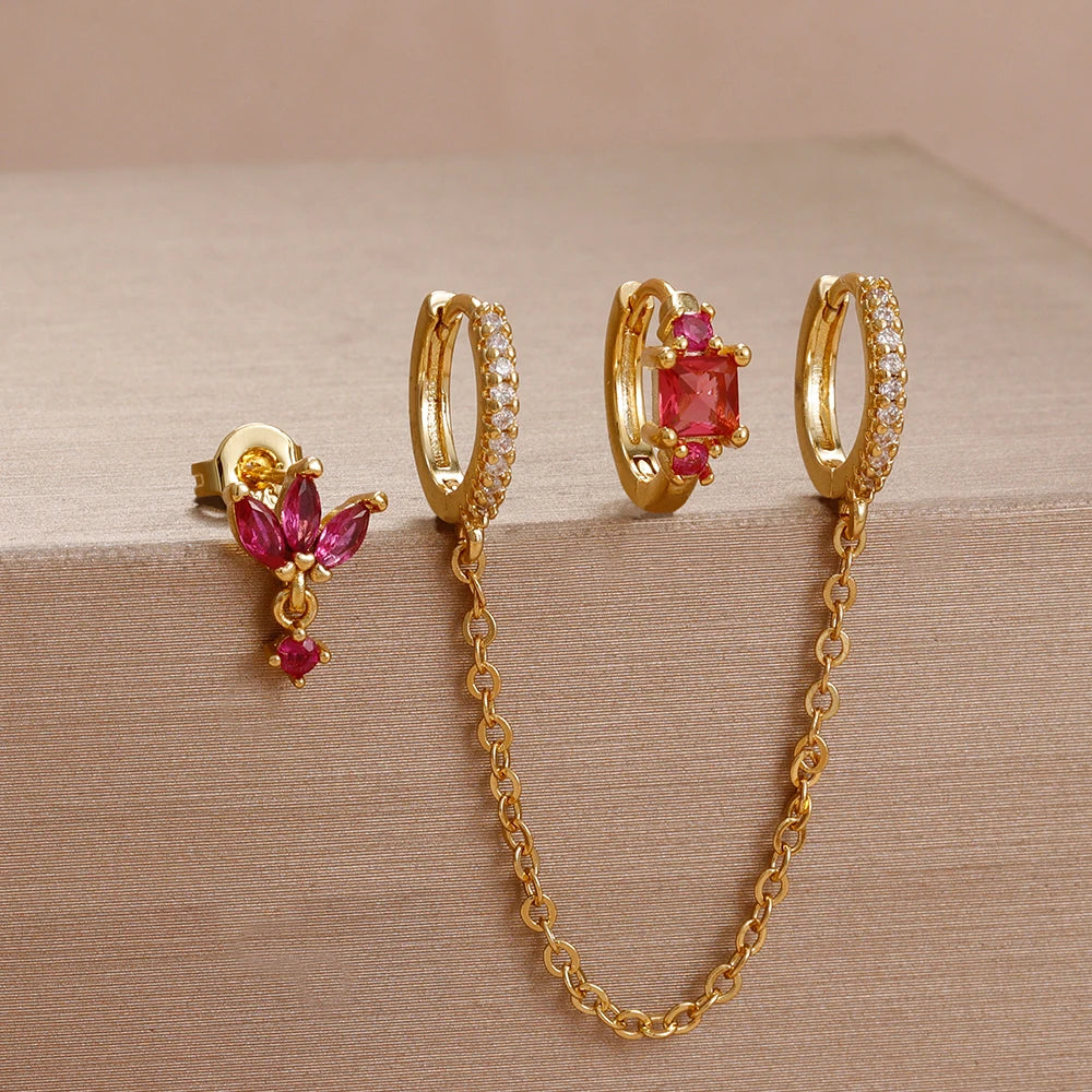 3PCS Unique Stainless Steel Earrings Set Rose Red Crystal Zircon