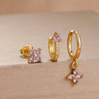3PCS Purple Zircon Hoop Earrings for Women Stainless Steel Gold Pendant