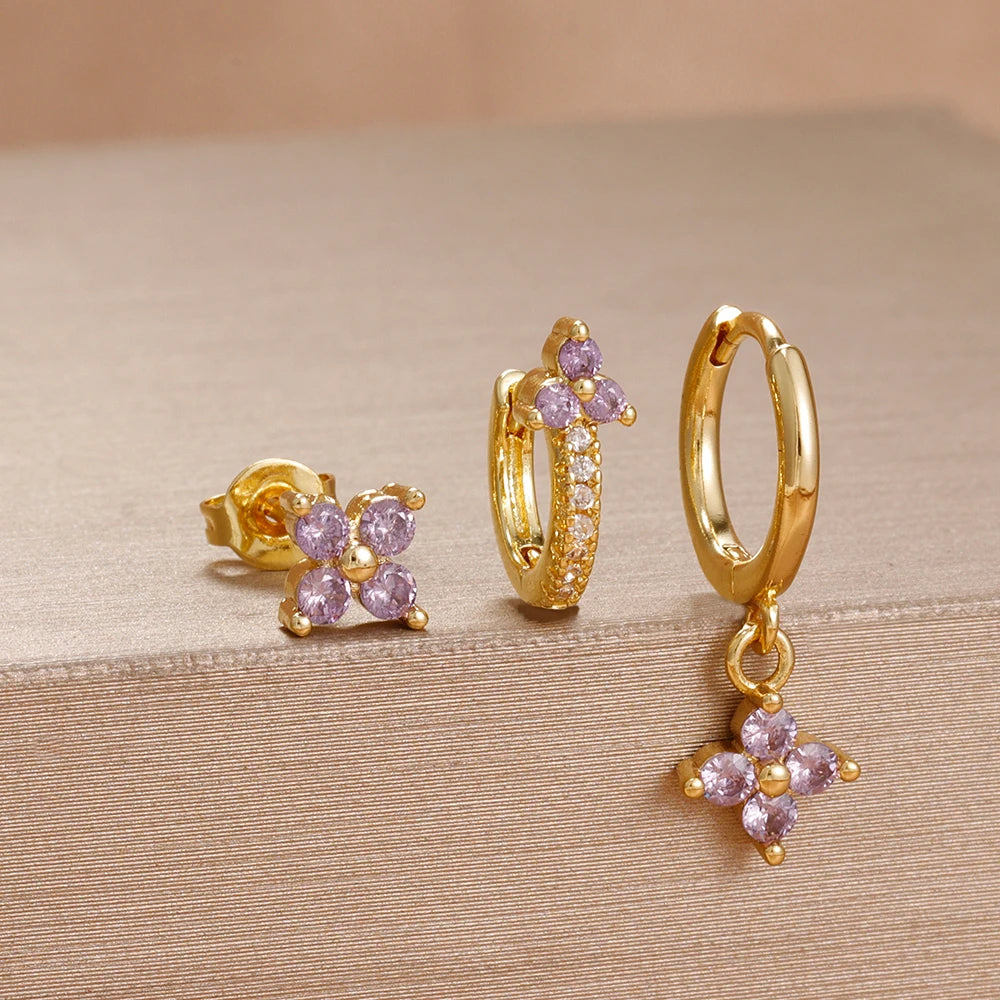 3PCS Purple Zircon Hoop Earrings for Women Stainless Steel Gold Pendant