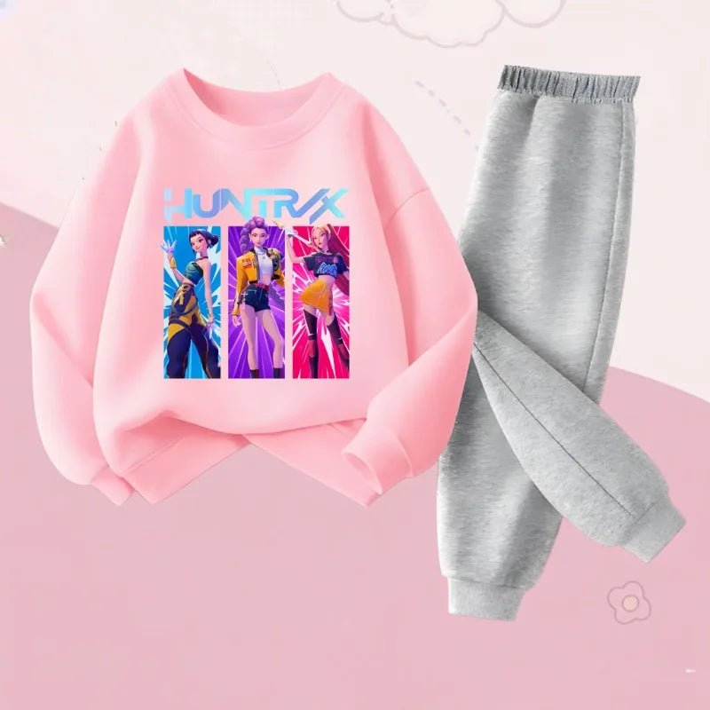 K-pop Girls Cartoon Print Hoodie and Joggers 2-Piece Set Casual Tracksuit