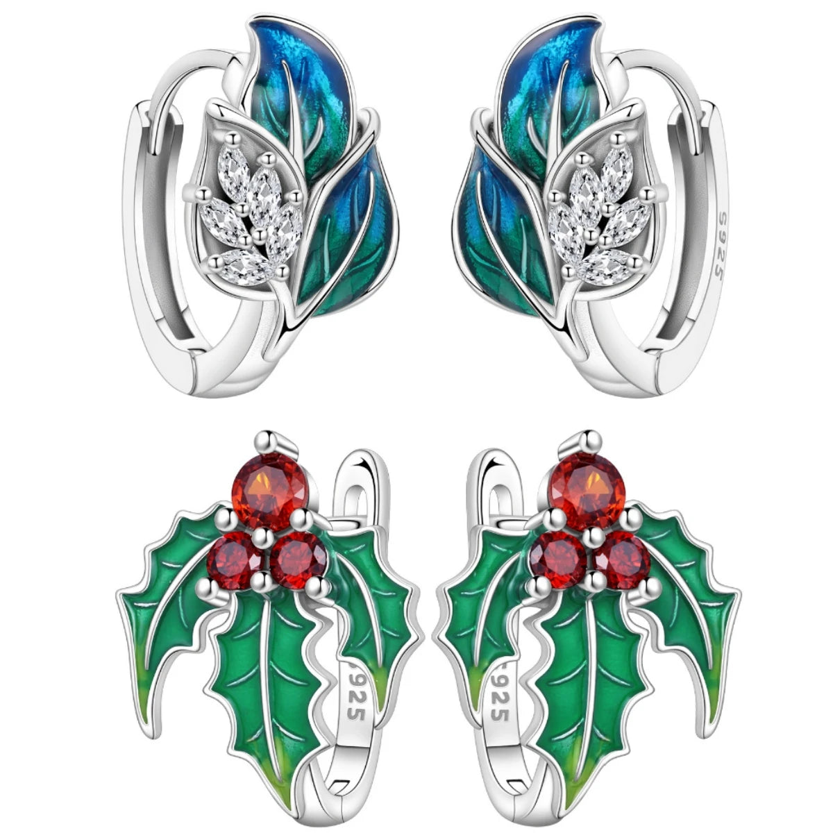 925 Sterling Silver Blue Leaf Plant Ear Studs Hoop Earrings Jewellery Gift