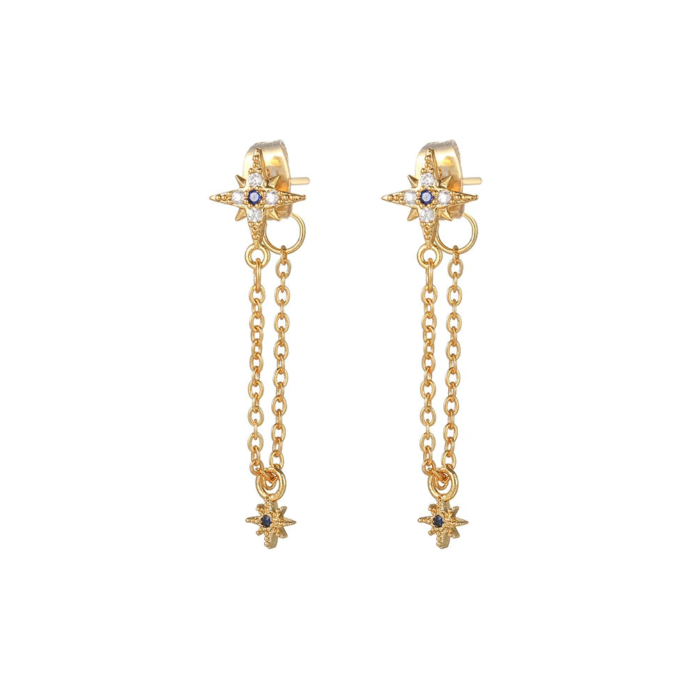 New Trend Cubic Zirconia Long Tassel Drop Earrings Star Moon Chain