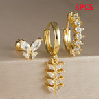 3PCS Zircon Leaf Hoop Earrings Set Stainless Steel Butterfly Studs