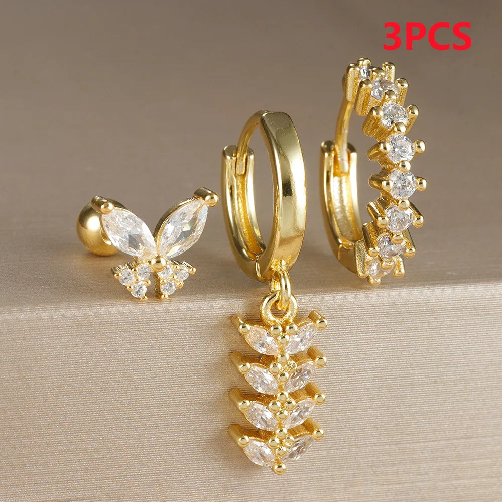 3PCS Zircon Leaf Hoop Earrings Set Stainless Steel Butterfly Studs