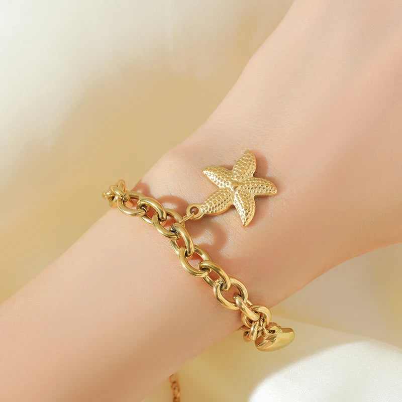 Gold Colour Starfish Moon Star Stainless Steel Charm Bracelet Trendy