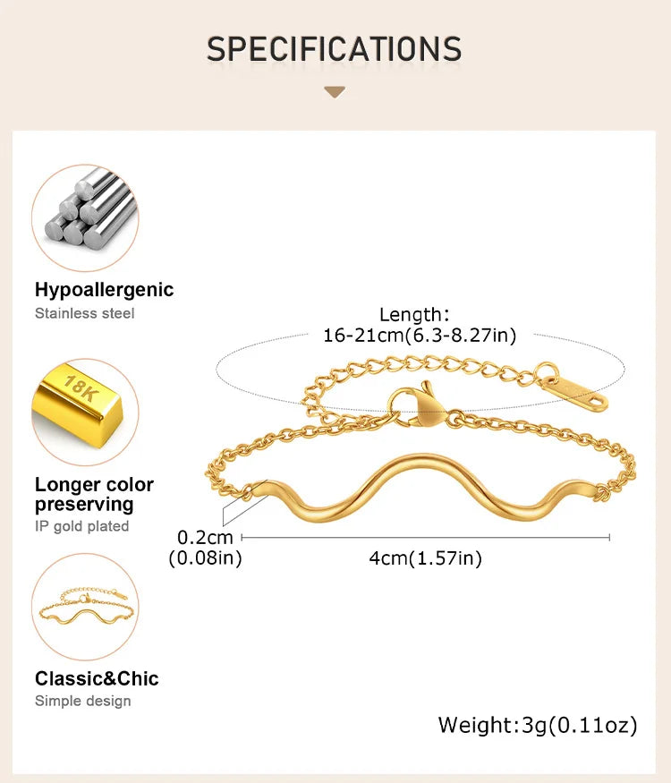 Waterproof Wave Bracelet for Women , Adjustable Stainless Steel  Chain Gold Plated, Beach Ocean Hypoallergenic Jewelry Gift