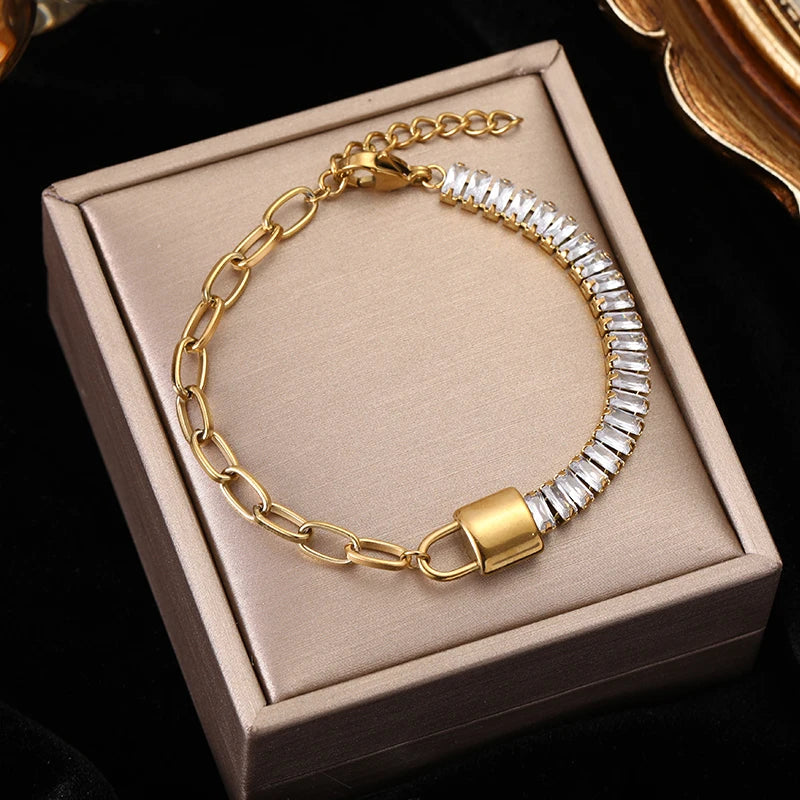 Heart Roman Numeral Zircon Bead Stainless Steel Snake Bone Bracelet