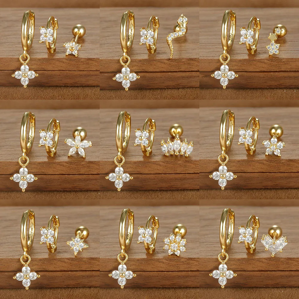 3PCS Four Flower Zircon Little Hoop Earring Star Cartilage Piercing