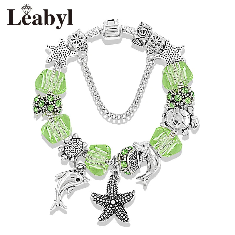 Classic Dolphin Charm Bracelet Blue Murano Crystal Glass DIY Bead Bangle