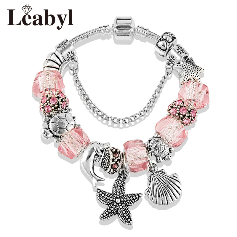 Classic Dolphin Charm Bracelet Blue Murano Crystal Glass DIY Bead Bangle