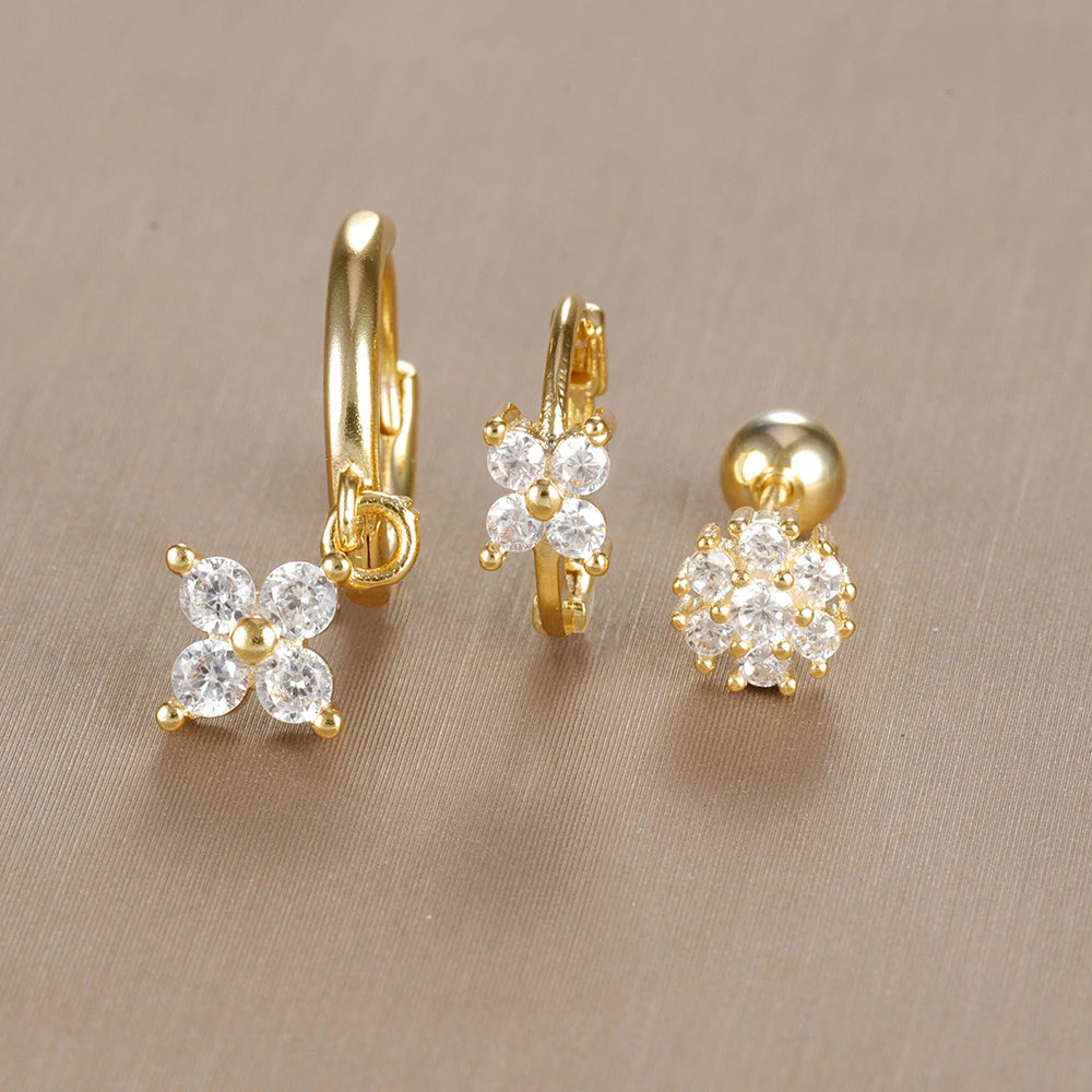 3PCS Vintage Design Four Flower Zircon Hoop Earrings Set Steel