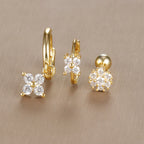 3PCS Vintage Design Four Flower Zircon Hoop Earrings Set Steel