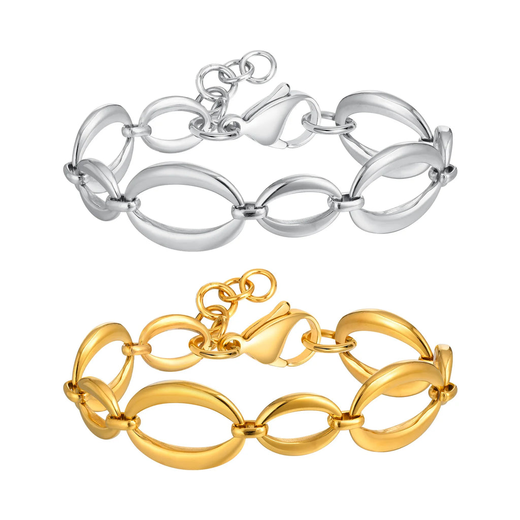 Stainless Steel Oval Fancy Link Chain Bracelets For Women, Chunky Thick Geometric Bangle Hypoallergenic Jewelry