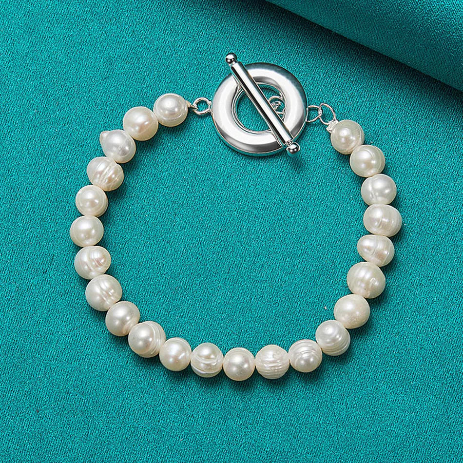20cm Natural Freshwater Pearl Beaded Bracelet 925 Sterling Silver Women