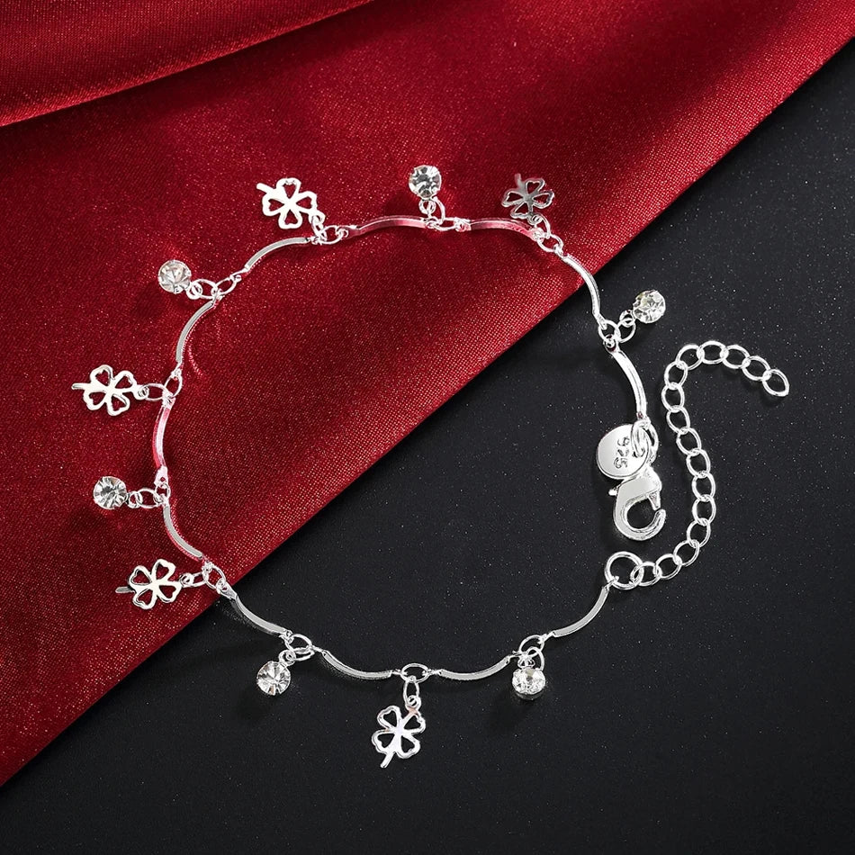Lucky Clover Leaf Zircon Chain Bracelet 925 Sterling Silver Wedding Party