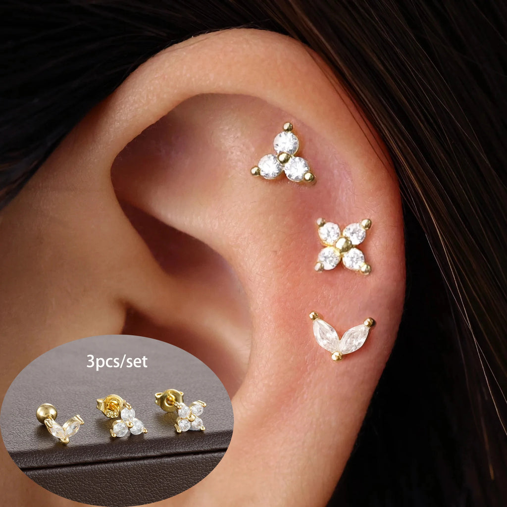 3PCS Stainless Steel Mini Zircon Cartilage Piercing Stud Earrings