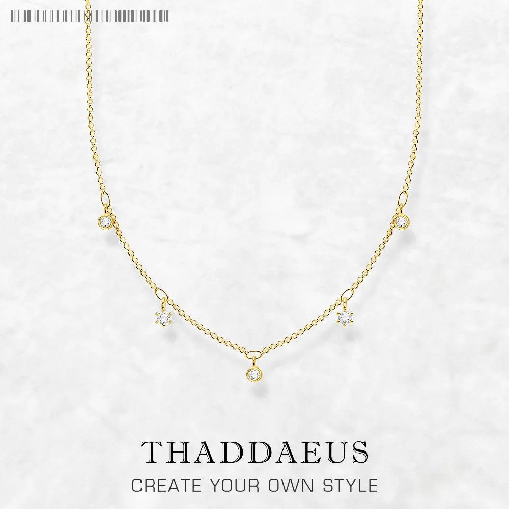 Gold Link Chain Necklace White Stones 925 Sterling Silver Trendy Jewellery