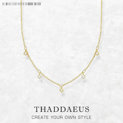 Gold Link Chain Necklace White Stones 925 Sterling Silver Trendy Jewellery