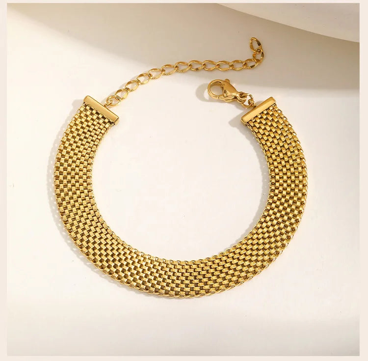 Women's Chunky Link Chain Mesh Bracelet, Stainless Steel Gold Plated Waterproof Jewelry