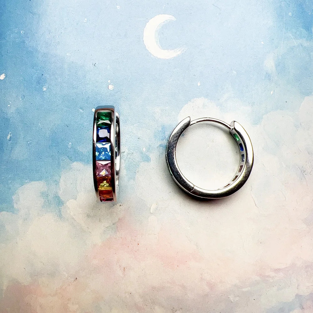 Rainbow Stone Hoop Earrings Creole 925 Sterling Silver Bohemia Gift
