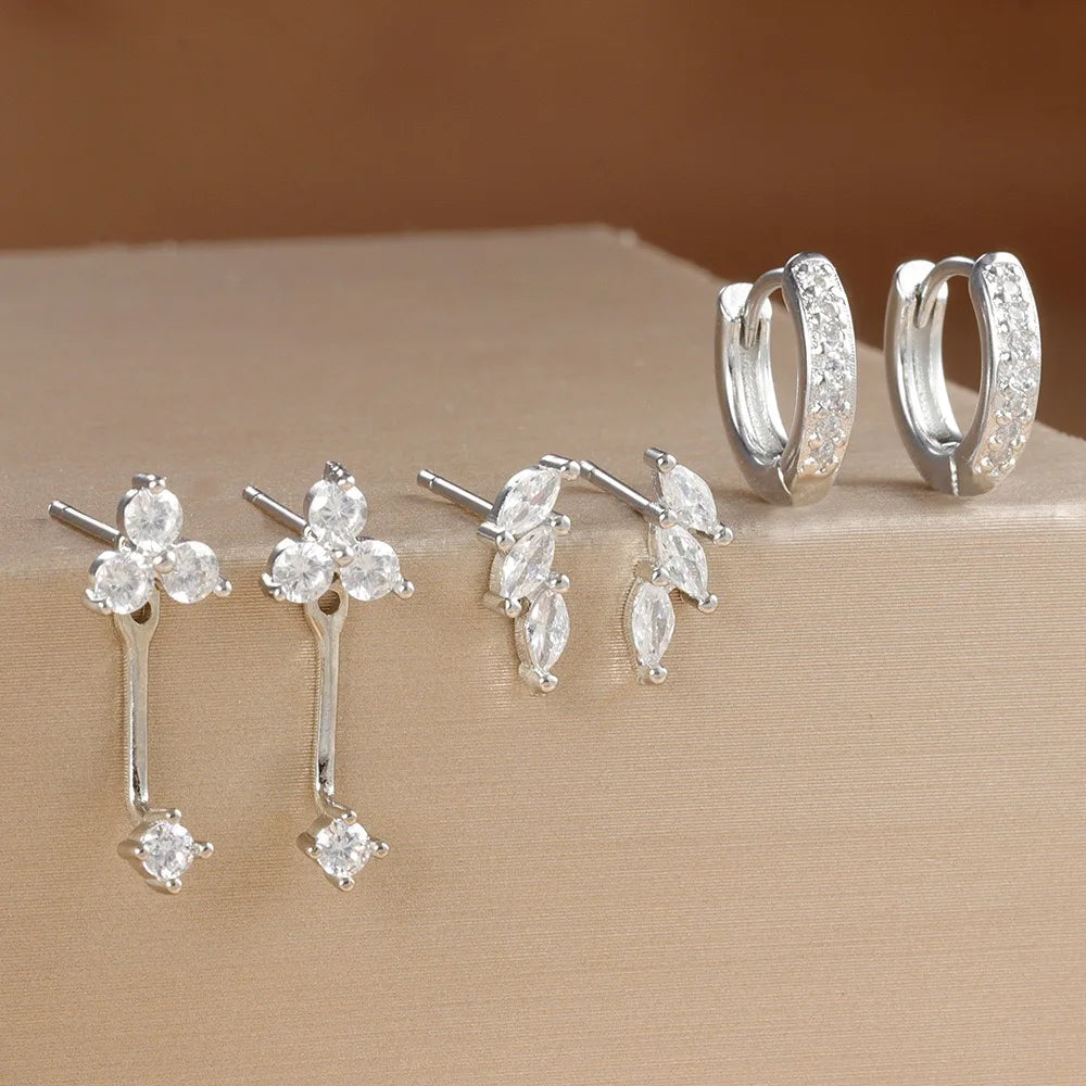 3 Pairs Exquisite Zircon Little Huggies Hoop Earrings Set Steel