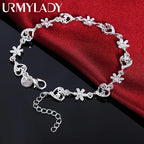 Crystal Heart Flower Chain Bracelet 925 Sterling Silver Romantic Wedding
