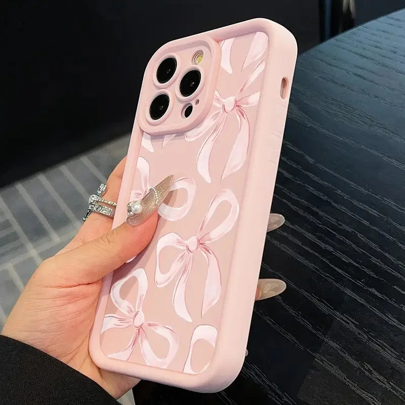 Gentle Pink Bow Soft Case for iPhone 16 17 15 14 13 12 11 Pro Max Plus SE