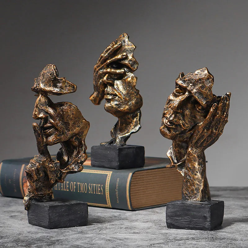 16cm Set of 3 Abstract Sculpture Resin Silence Is Gold Statue Office Bookshelf Object