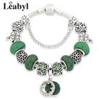 Silver Colour Tree of Life Bead Bracelet Green Leaf Crystal Charm Bangle