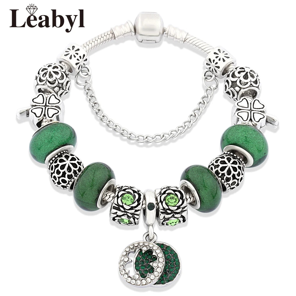 Silver Colour Tree of Life Bead Bracelet Green Leaf Crystal Charm Bangle