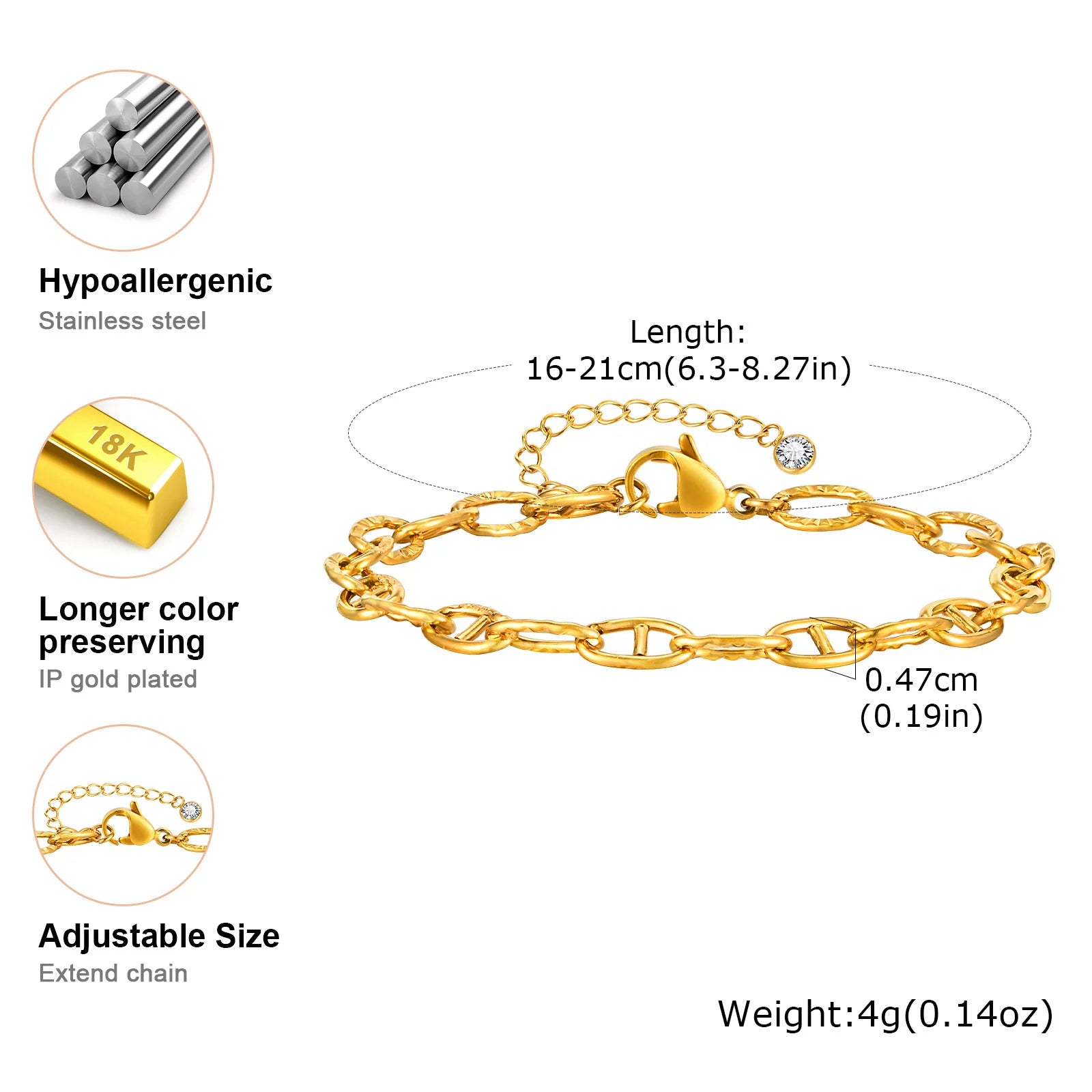 Gold Plated Link Bracelet for Women, Stainless Steel Stackable Chain Wristband, Adjustable Waterproof Jewelry