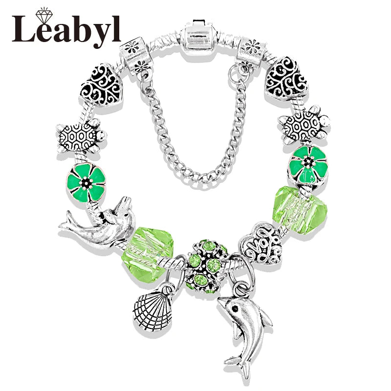Classic Dolphin Charm Bracelet Blue Murano Crystal Glass DIY Bead Bangle