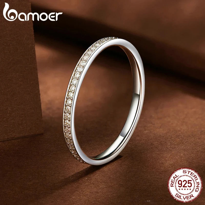 BAMOER Moissanite Wedding Band 925 Sterling Silver Eternity Rings Platinum Plated Lab Created Diamond Stackable Ring for Women