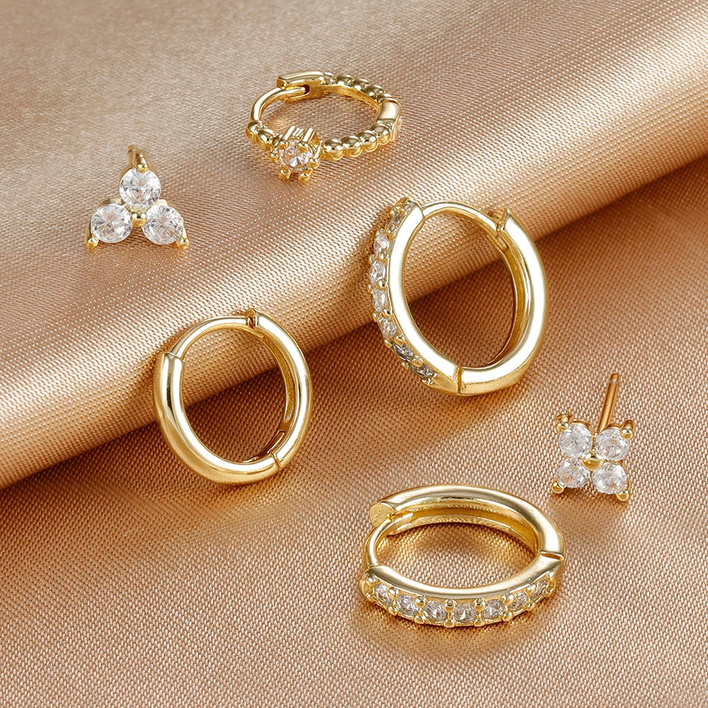 3PCS Sets Exquisite Flower Circle Hoop Earrings 14K Gold Plated